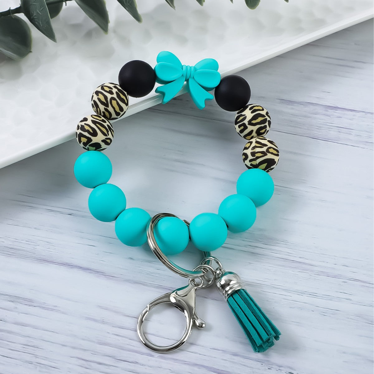 Wholesale Colorful Bow Leopard Print Silicone Beaded Tassel Bracelet Keychain